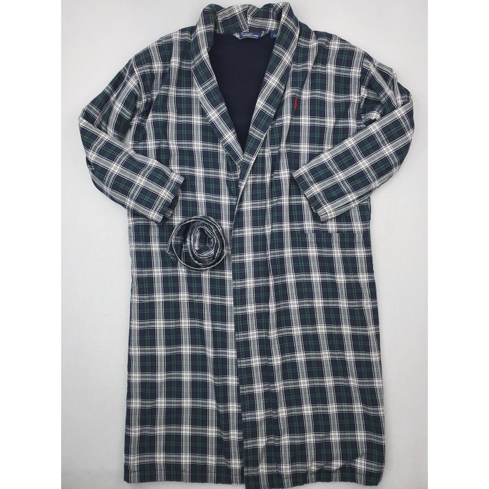 Vintage Polo Ralph Lauren Robe Mens One Size Blue Plaid Terry Flannel Belted